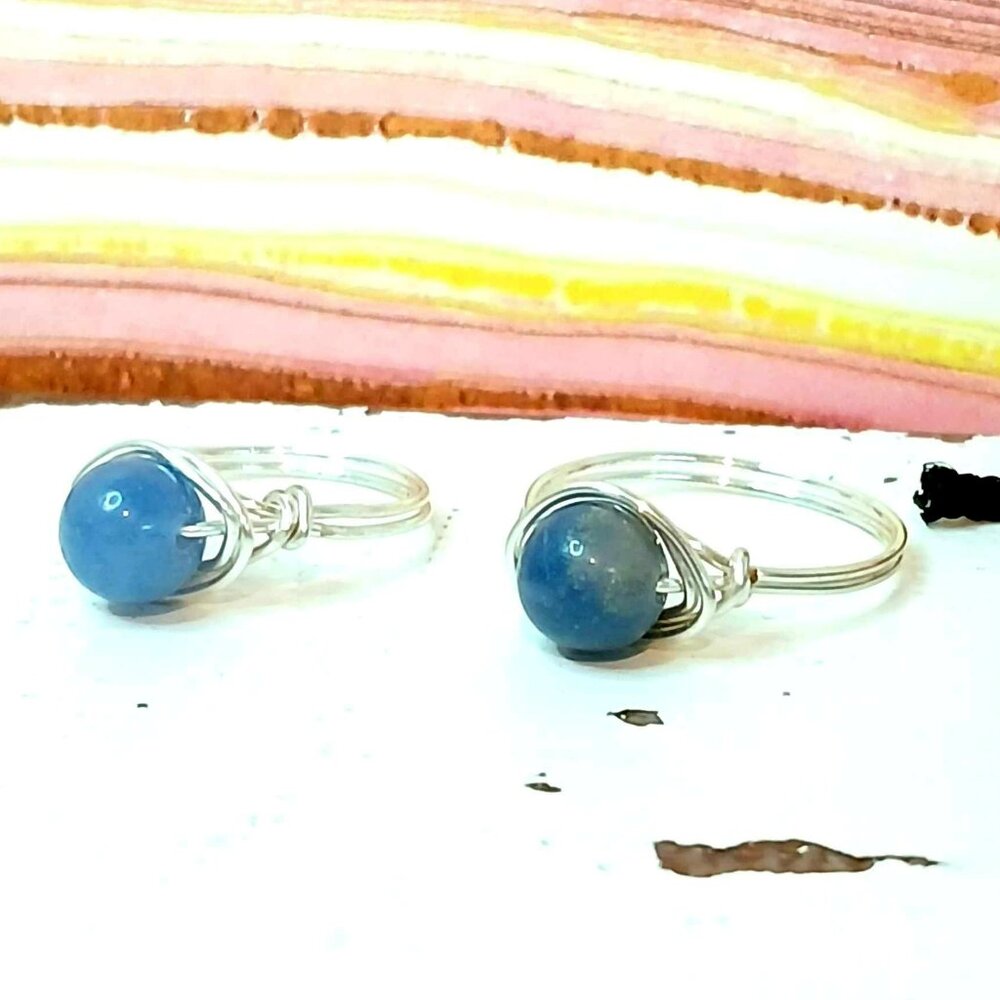 Blue Aventurine Gemstone Beaded Wire Ring, Crystal Dainty Chic Cute Silver